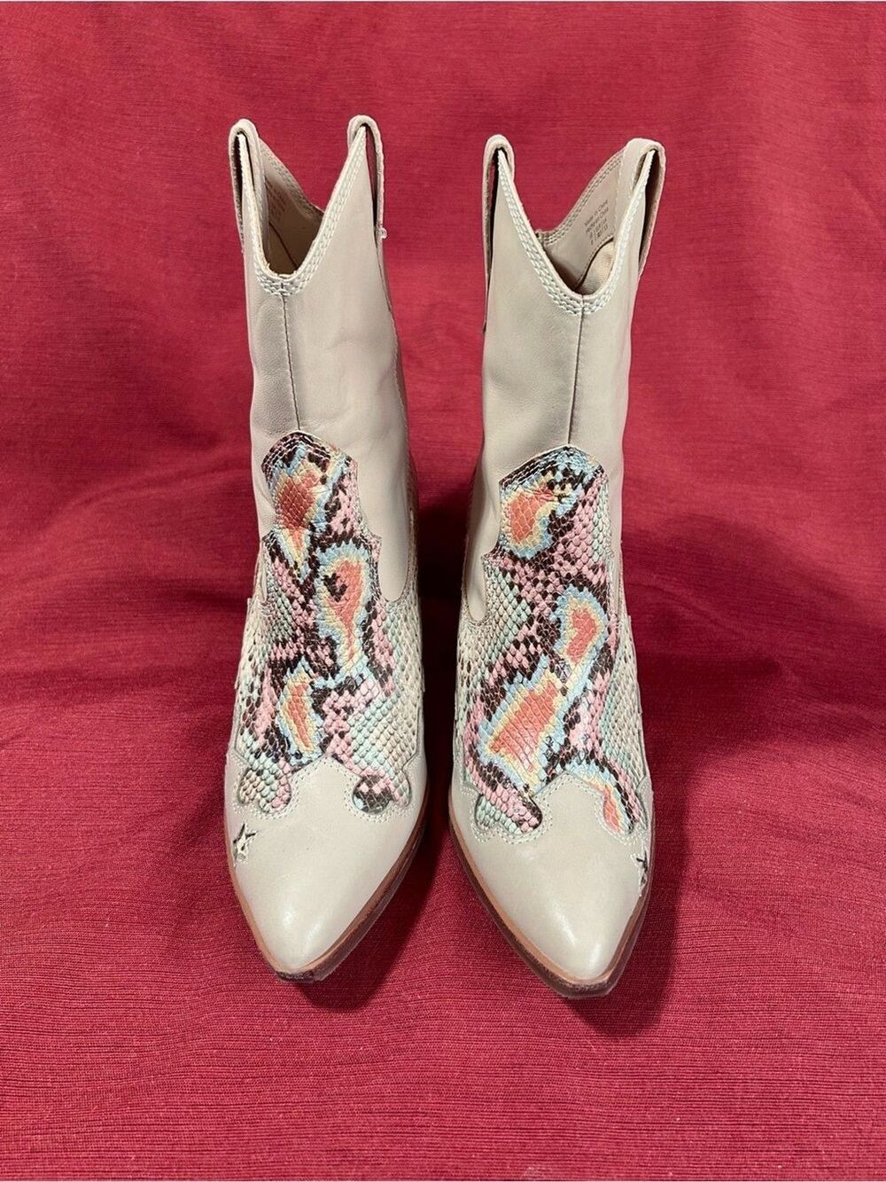 Aldo x Tezza THE RUNAWAY Beige Ankle Boots Rainbow Snake Print Inlay Snip Toe S8